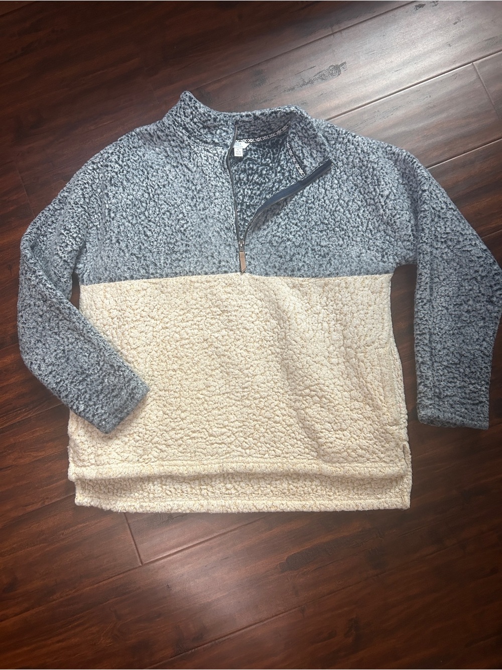 Cozy Half-Zip Two-Tone Sherpa Pullover - Blue and Cream